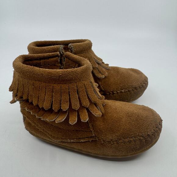 Minnetonka Double Fringe Side Zip Bootie Brown Suede Leather Little Kids US 5 - Picture 8 of 14